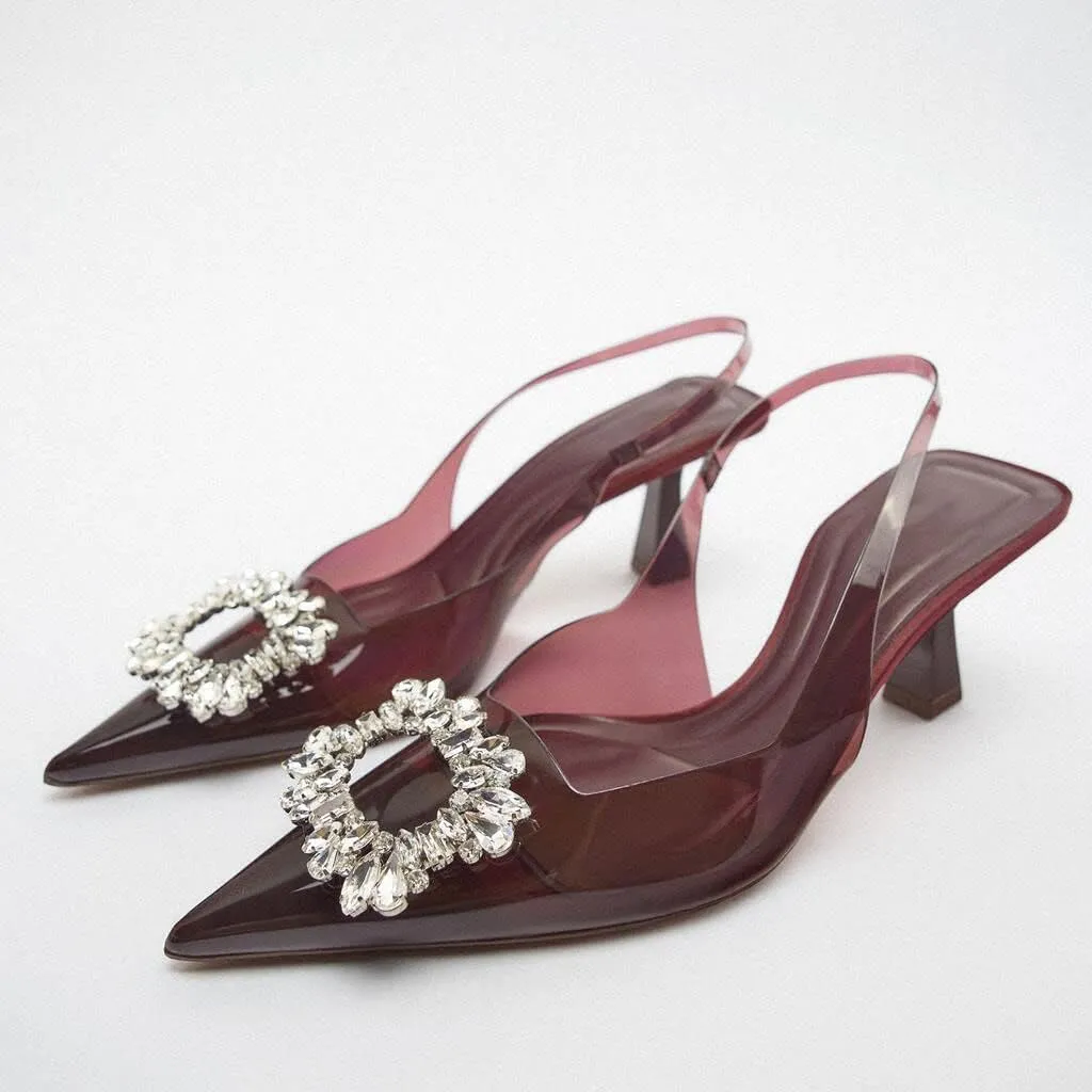 keleimusi Clear Slingback Heeled Shoes for Women Crystal Rhinestone Pointed Toe Wedding Kitten Heels