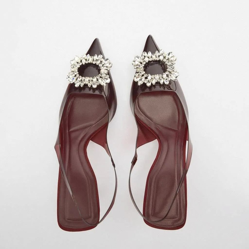 keleimusi Clear Slingback Heeled Shoes for Women Crystal Rhinestone Pointed Toe Wedding Kitten Heels