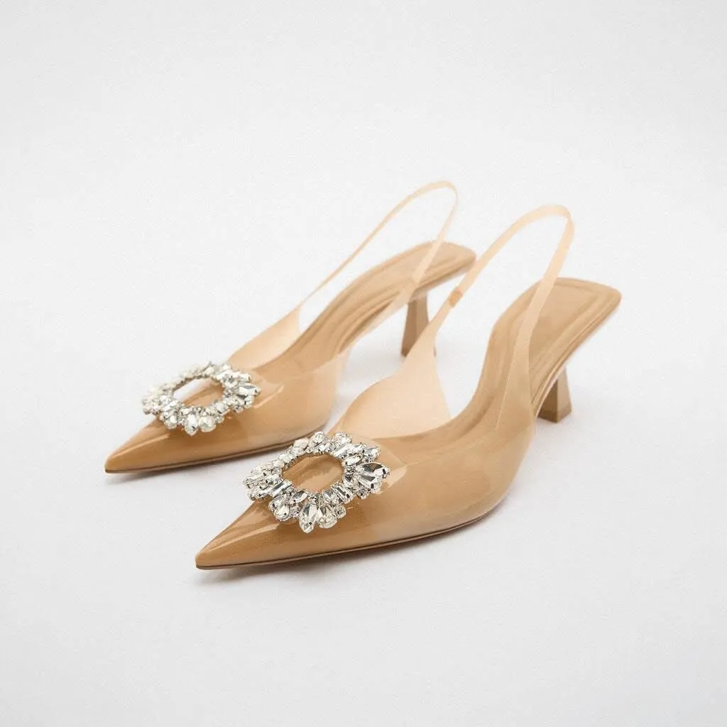 keleimusi Clear Slingback Heeled Shoes for Women Crystal Rhinestone Pointed Toe Wedding Kitten Heels