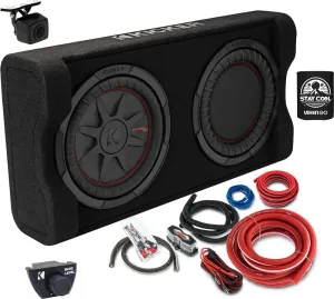 KICKER Enclosure and Amp kit Package of 3 Items - 10" PTRTP 800 Watt Down-Firing Powered Loaded Sub Enclosure, a Backup Camera, and Complete 8AWG Wiring Kit