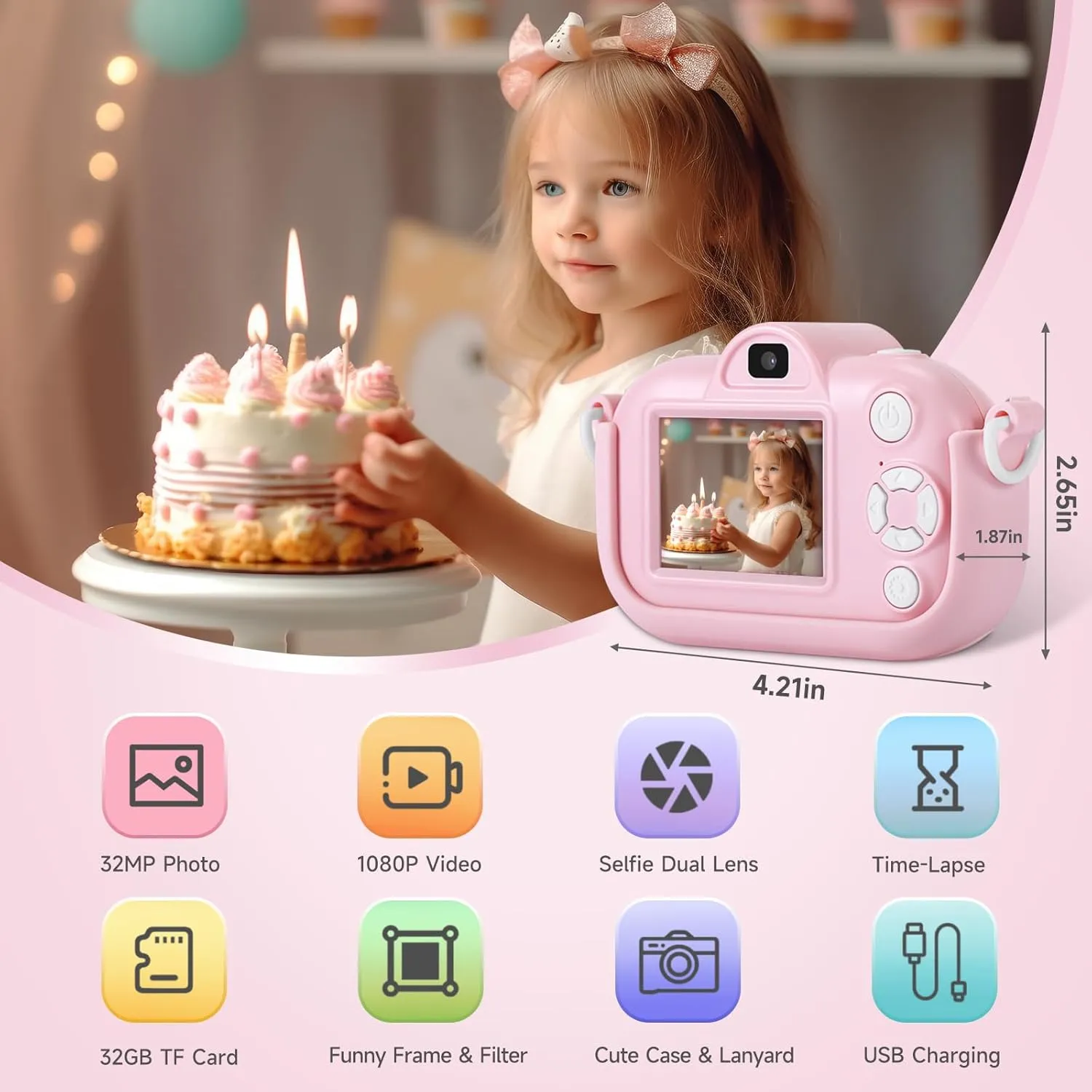 Kids Camera Toys for Girls Age 3-8, Kids Digital Camera Toddler Camera for 3 4 5 6 7 8 Years Old Birthday Gifts, 1080P Video Camera with Cute Protective Cover & 32GB SD Card