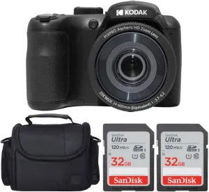 Kodak PIXPRO AZ255 Digital Camera (Black) Bundle with 32GB Memory Card (2)   Digital Camera/Video Case (4 Items)