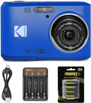 KODAK PIXPRO Friendly Zoom FZ45 16MP Digital Camera with 4X Optical Zoom 27mm Wide Angle and 2.7" LCD Screen   4-Pack Rechargeable AA Batteries,   Green Extreme Charger for AA/AAA (Blue)