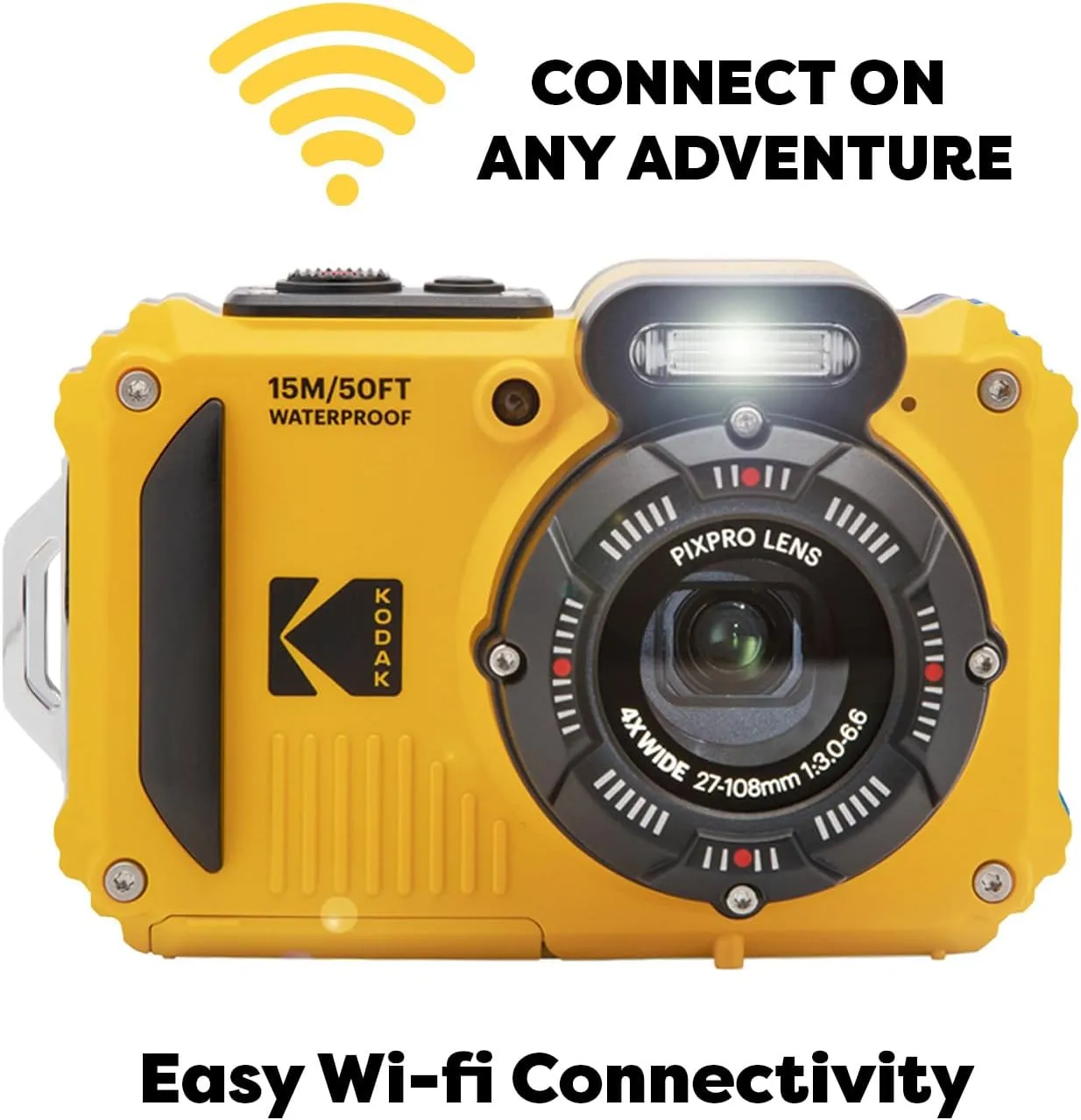 Kodak PIXPRO WPZ2 Rugged Waterproof Shockproof Digital Camera 16MP 4X Optical Zoom 1080P Full HD Video, 2.7 LCD (Yellow), 32GB SD Card, Black Compact Camera Case, Floating Strap, Bundle (7 Items)