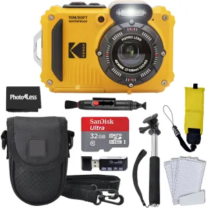 Kodak PIXPRO WPZ2 Rugged Waterproof Shockproof Digital Camera 16MP 4X Optical Zoom 1080P Full HD Video, 2.7 LCD (Yellow), 32GB SD Card, Black Compact Camera Case, Floating Strap, Bundle (7 Items)