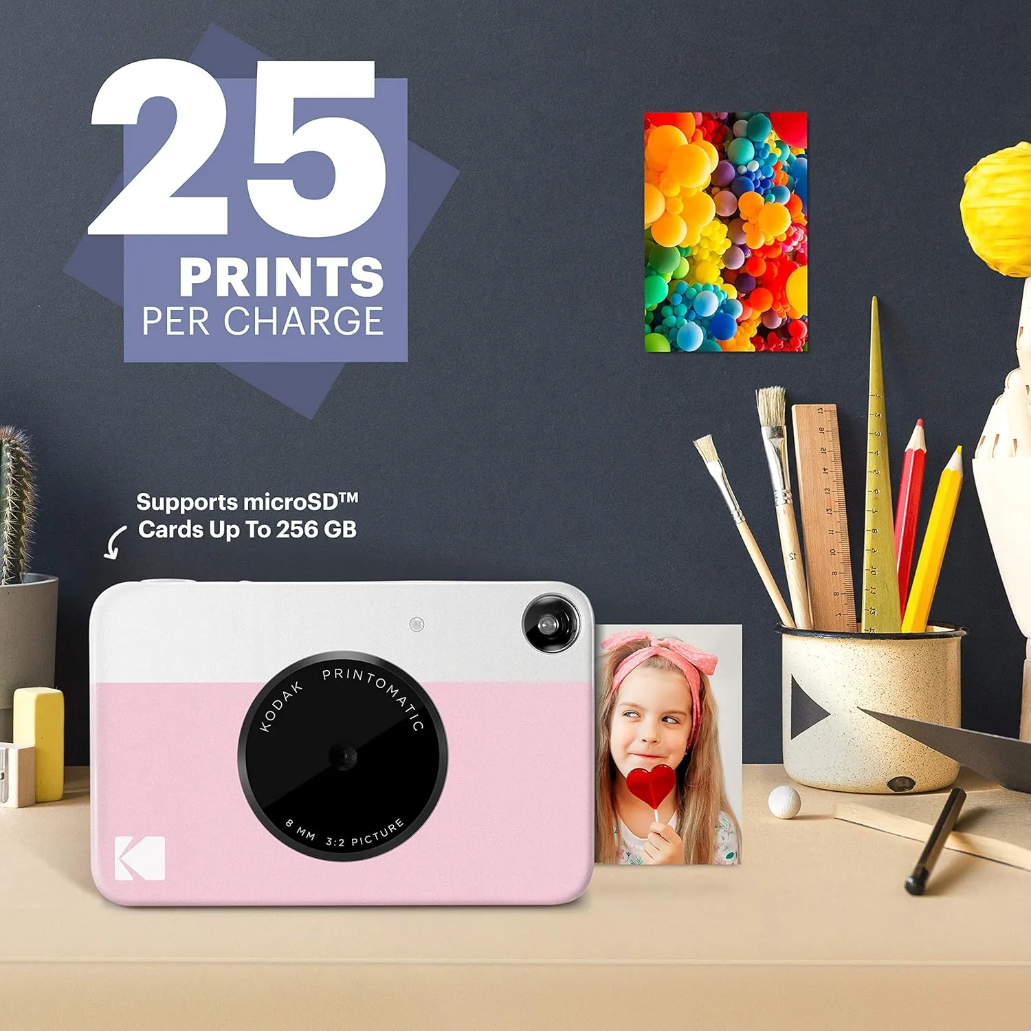 KODAK Printomatic Full-Color Instant Print Digital Camera - Colorful Photos On Zink 2x3" Sticky-Back Photo Paper - 5MP, Portable, Creative Fun Gift for Birthday, Christmas, Holiday - Pink