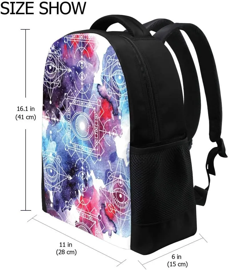 Kuizee Classic Backpack Schoolbag Adjustable Padded Shoulder Straps Daypack ﻿Sacred Geometry Watercolor Space Casual Bags Durable College Daily 16Inch