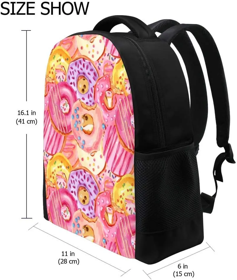 Kuizee Classic Backpack Schoolbag Adjustable Padded Shoulder Straps Daypack ﻿Watercolor Donuts Sweet Dessert Casual Bags Durable College Daily 16Inch
