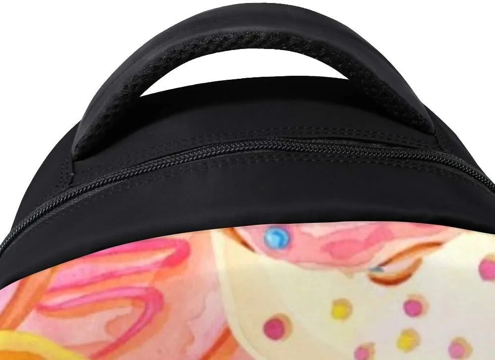 Kuizee Classic Backpack Schoolbag Adjustable Padded Shoulder Straps Daypack ﻿Watercolor Donuts Sweet Dessert Casual Bags Durable College Daily 16Inch
