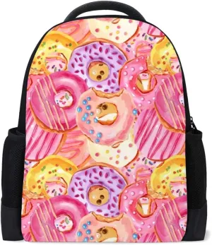 Kuizee Classic Backpack Schoolbag Adjustable Padded Shoulder Straps Daypack ﻿Watercolor Donuts Sweet Dessert Casual Bags Durable College Daily 16Inch