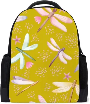 Kuizee Classic Backpack Schoolbag Adjustable Padded Shoulder Straps Daypack ﻿Watercolor Dragonflies Yellow Flowers Casual Bags Durable College Daily 16Inch