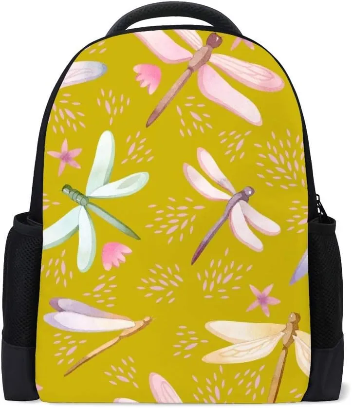 Kuizee Classic Backpack Schoolbag Adjustable Padded Shoulder Straps Daypack ﻿Watercolor Dragonflies Yellow Flowers Casual Bags Durable College Daily 16Inch