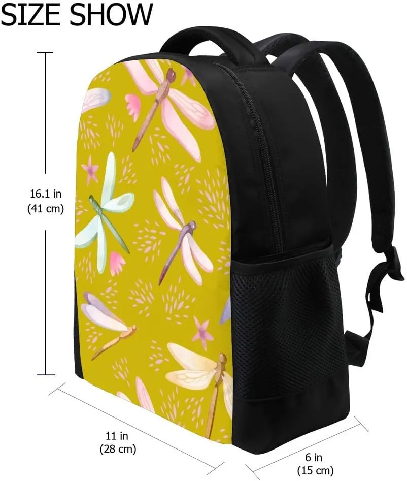 Kuizee Classic Backpack Schoolbag Adjustable Padded Shoulder Straps Daypack ﻿Watercolor Dragonflies Yellow Flowers Casual Bags Durable College Daily 16Inch