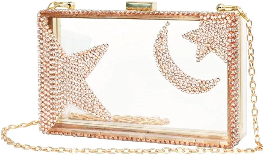 Ladies Clear Acrylic Moon and Star Rhinestone Chain Bag Sparkly Transparant Clutch Purse for Women Evening