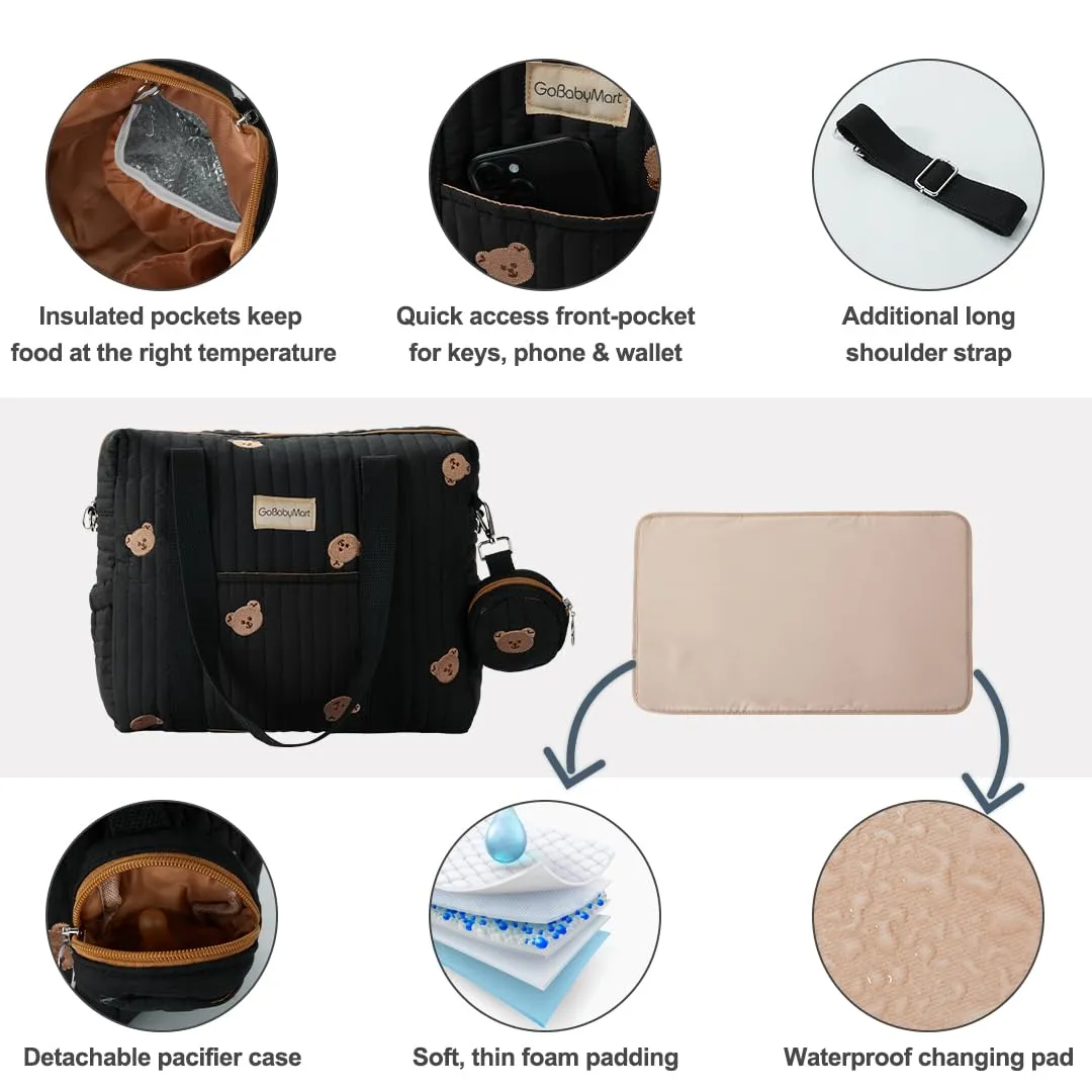 Large Diaper Bag Tote, Maternity Hospital Travel diaper tote, Multifunction baby bag, Baby Nappy Bags, Messenger bag (Medium - Black Bears)