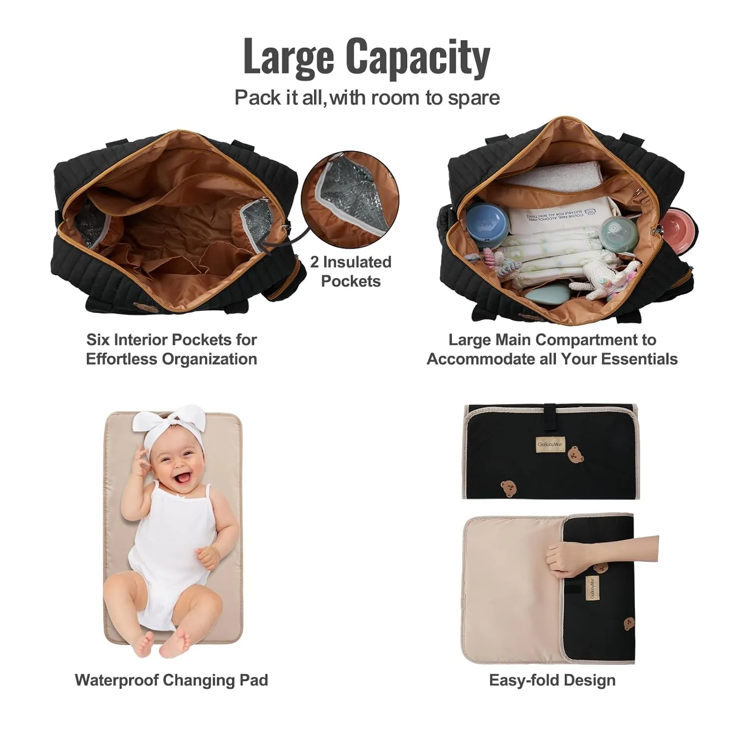 Large Diaper Bag Tote, Maternity Hospital Travel diaper tote, Multifunction baby bag, Baby Nappy Bags, Messenger bag (Medium - Black Bears)
