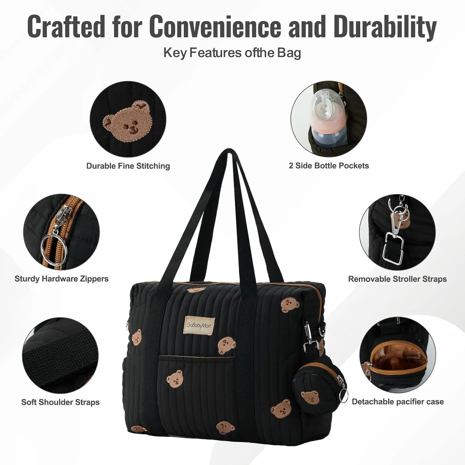 Large Diaper Bag Tote, Maternity Hospital Travel diaper tote, Multifunction baby bag, Baby Nappy Bags, Messenger bag (Medium - Black Bears)