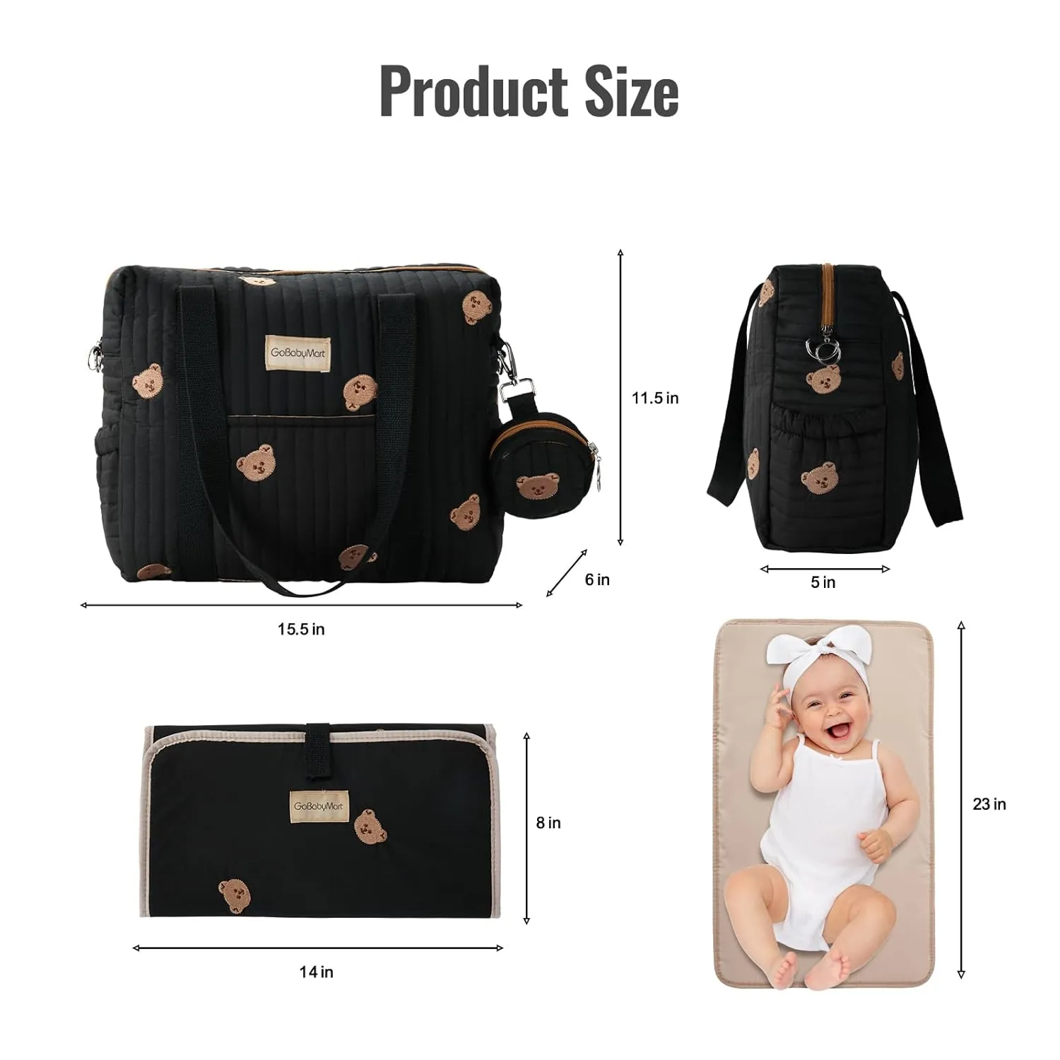 Large Diaper Bag Tote, Maternity Hospital Travel diaper tote, Multifunction baby bag, Baby Nappy Bags, Messenger bag (Medium - Black Bears)