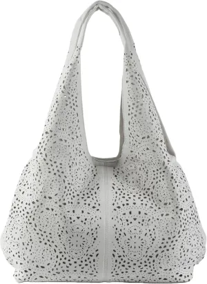 Laser Cut Faux Leather Shoulder Bag for Women – Large Summer Slouch Hobo Tote with Makeup Pouch – Lightweight – Desi