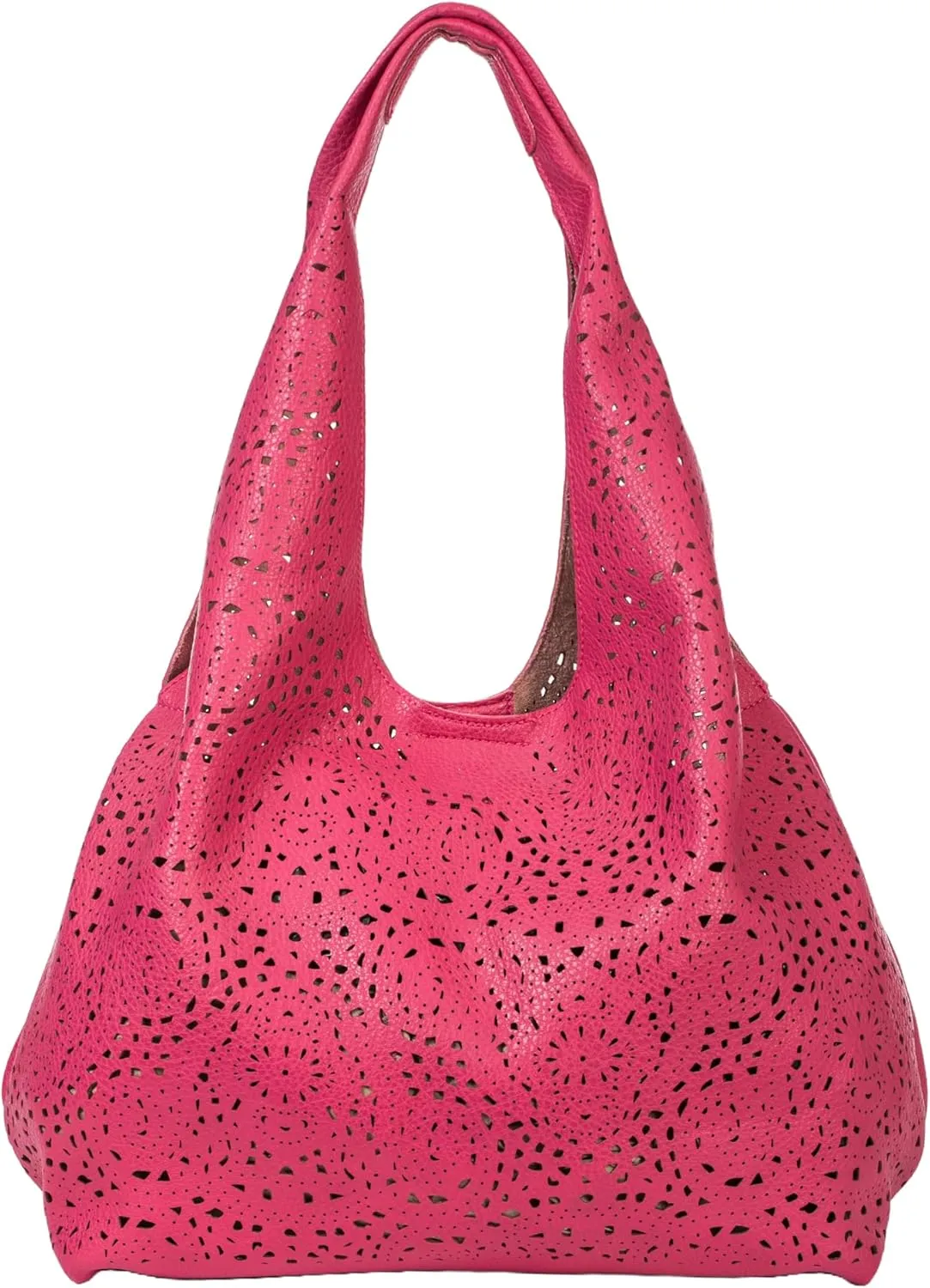 Laser Cut Faux Leather Shoulder Bag for Women – Large Summer Slouch Hobo Tote with Makeup Pouch – Lightweight – Desi