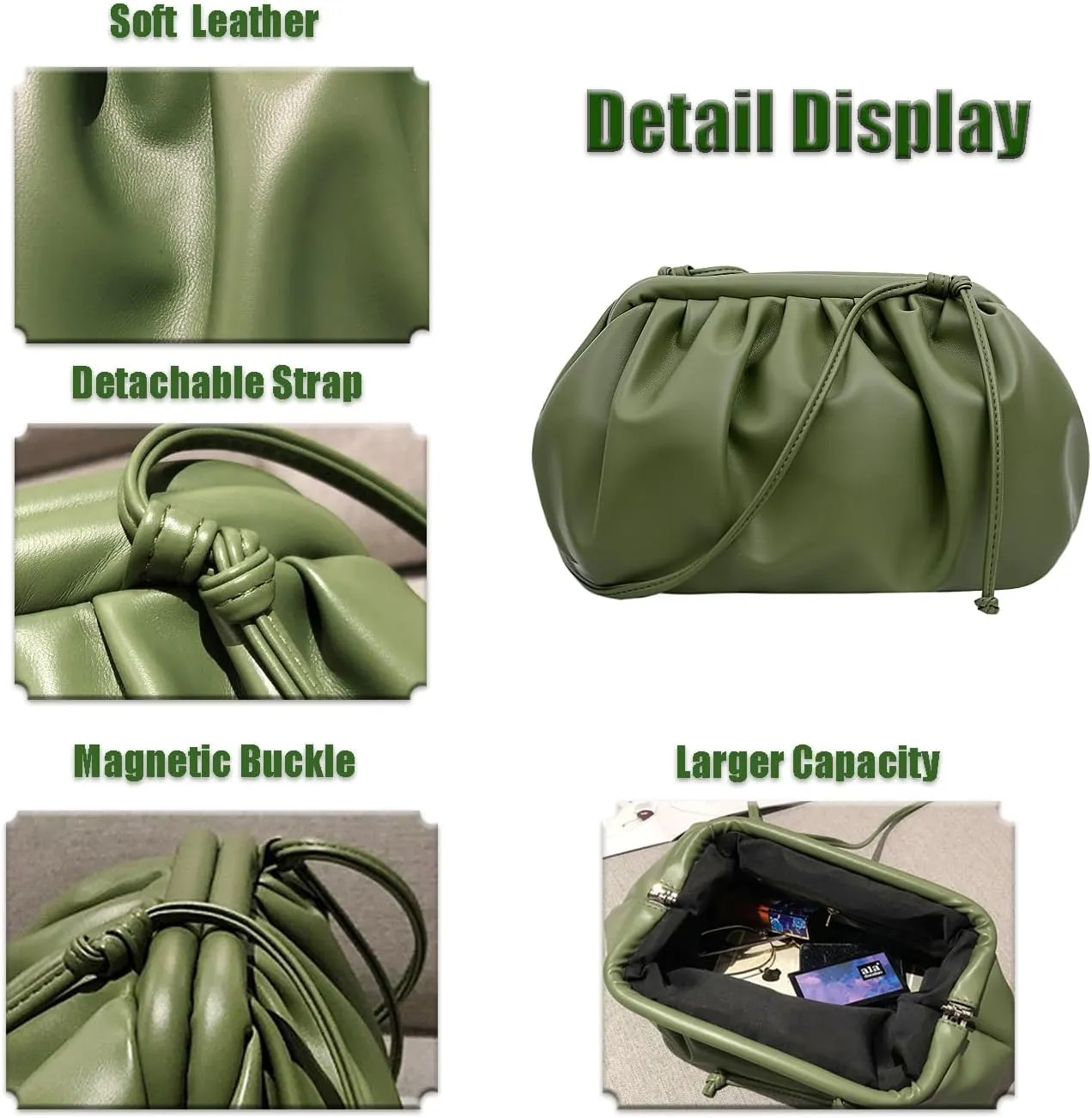 Leather Clutch Purses Bag for Women,Soft Cloud Crossbody Evening Bag Detachable Strap