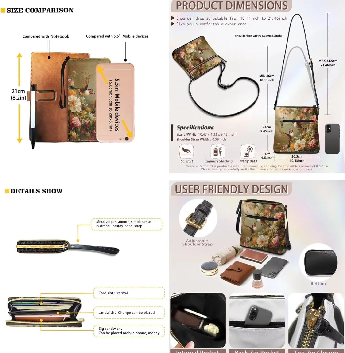 Leather Crossbody Purse Set Portable Hobo Bag Satchel Handbag with PU Leather Wallet