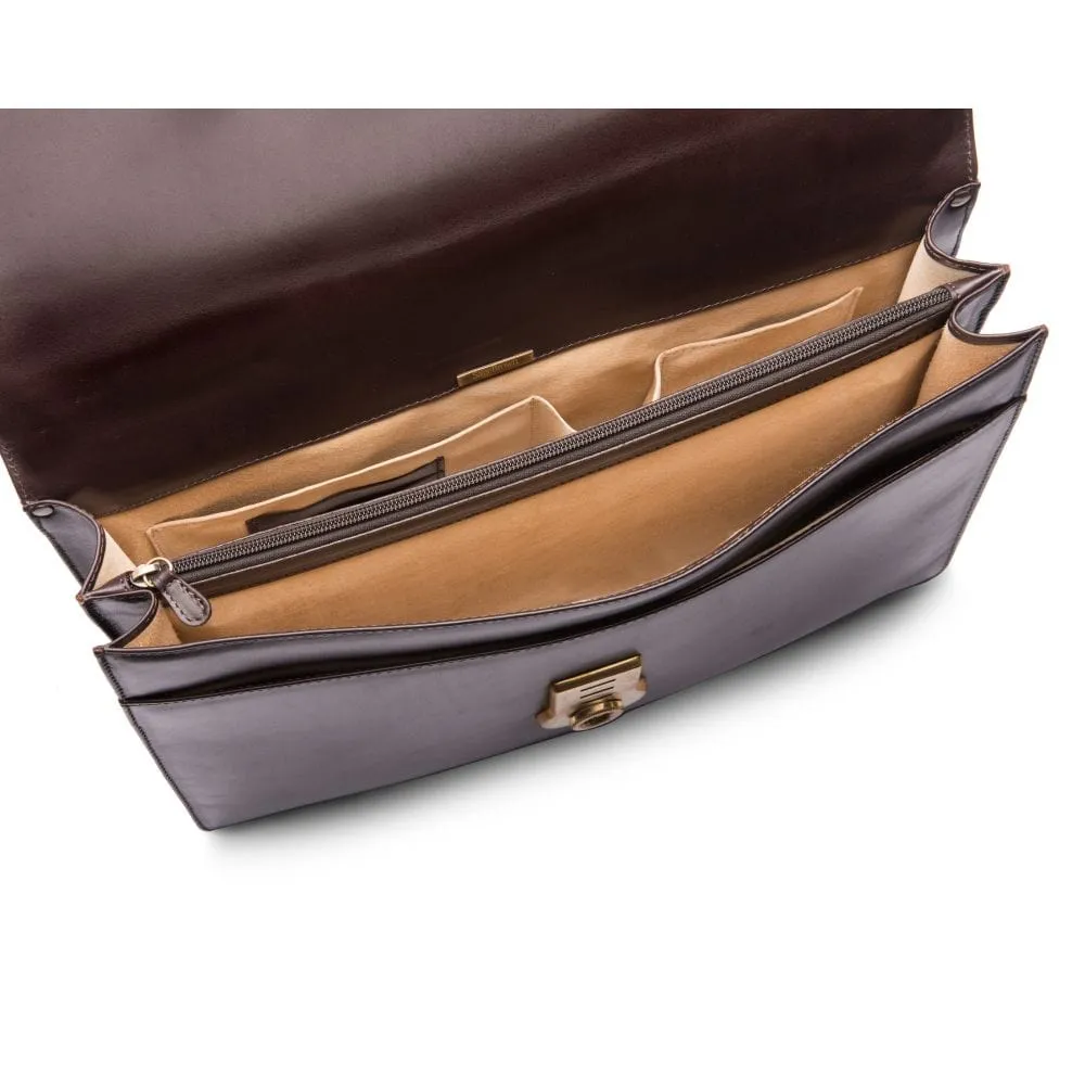 Leather Harvard Briefcase With Brass Lock - Brown