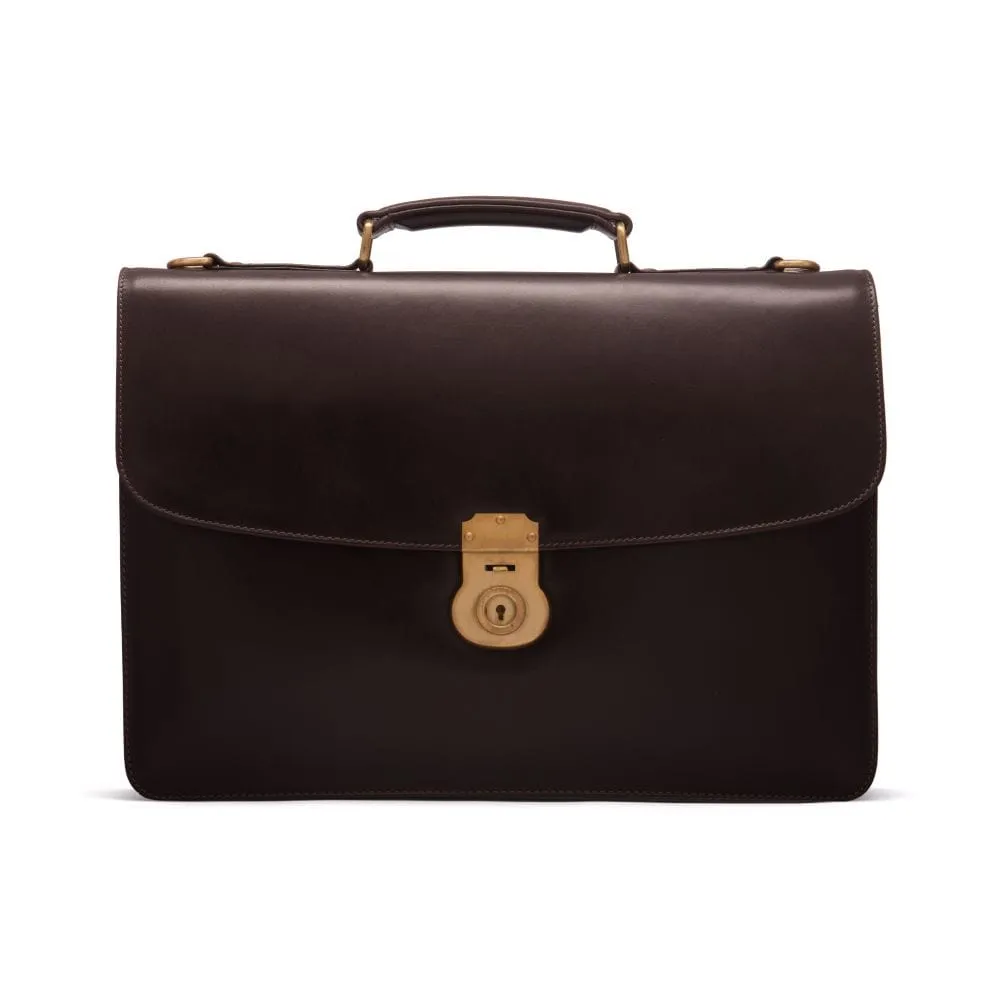 Leather Harvard Briefcase With Brass Lock - Brown