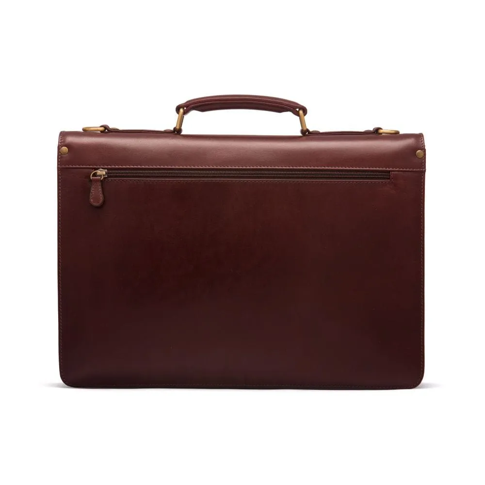 Leather Harvard Briefcase With Brass Lock - Dark Tan