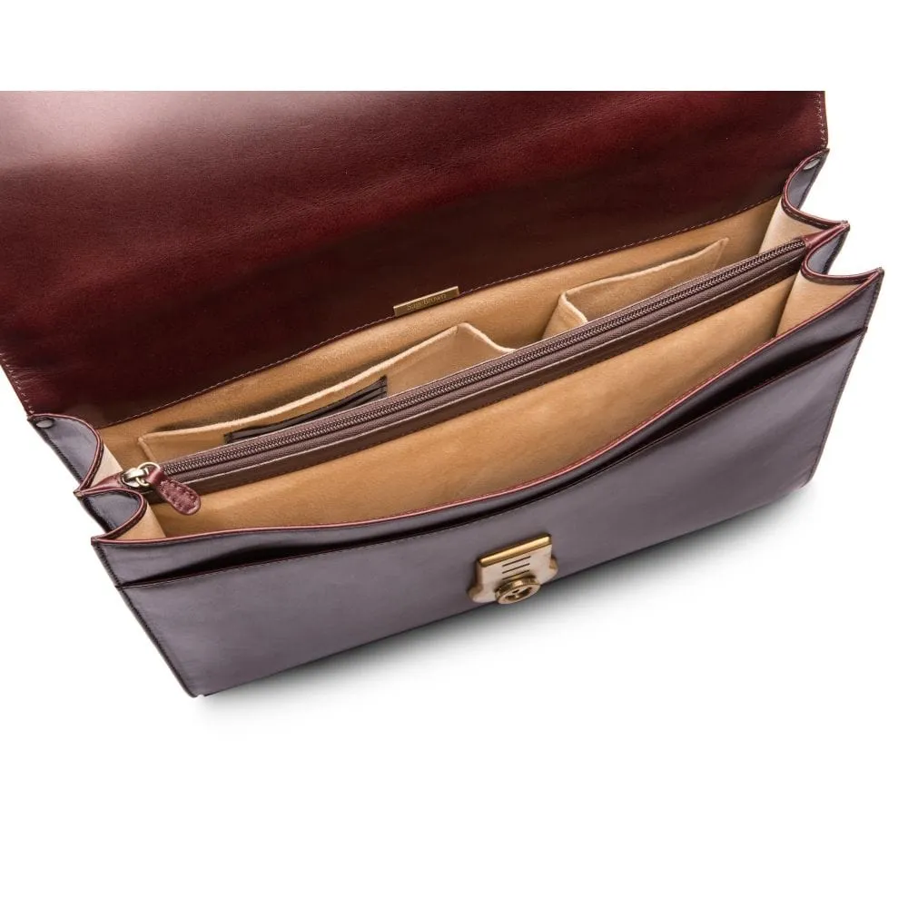 Leather Harvard Briefcase With Brass Lock - Dark Tan