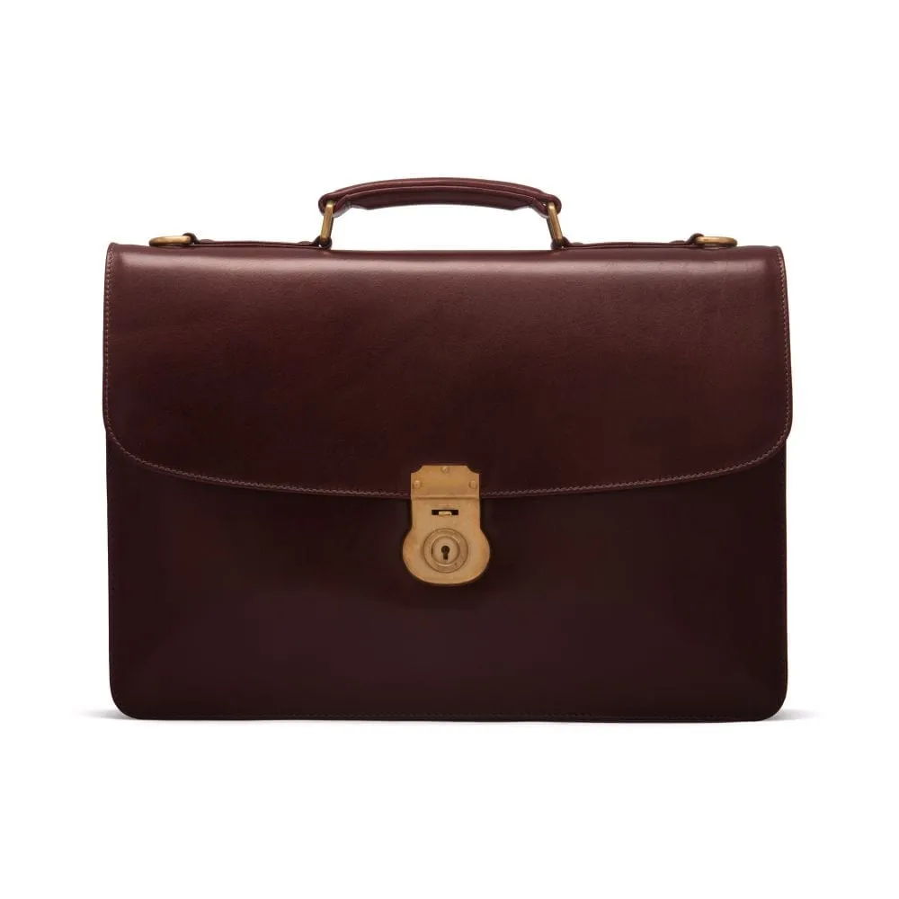 Leather Harvard Briefcase With Brass Lock - Dark Tan
