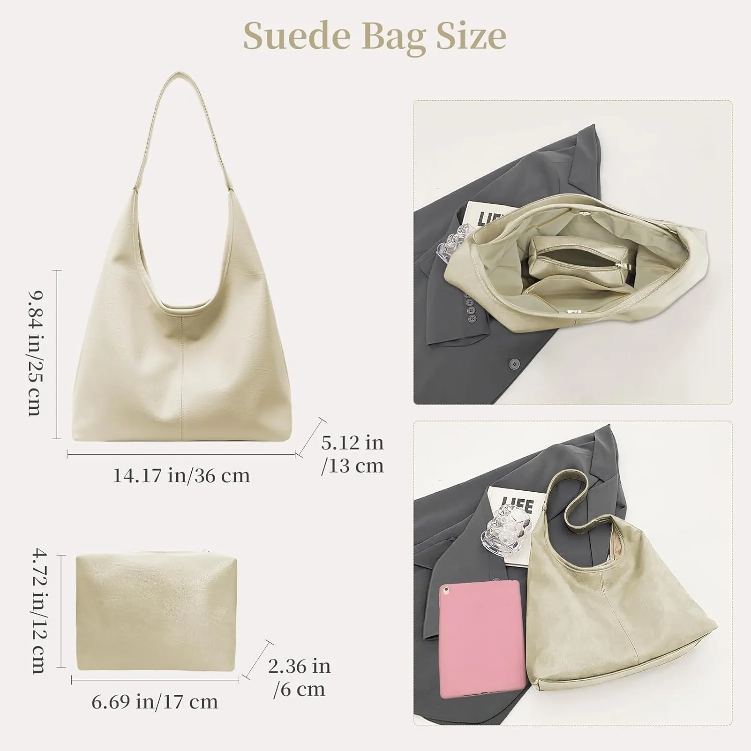 Leather Hobo Bags for Women Slouchy Tote Bag Retro PU Leather Purse Soft Shoulder Handbags Large Work Tote Bag 2pcs