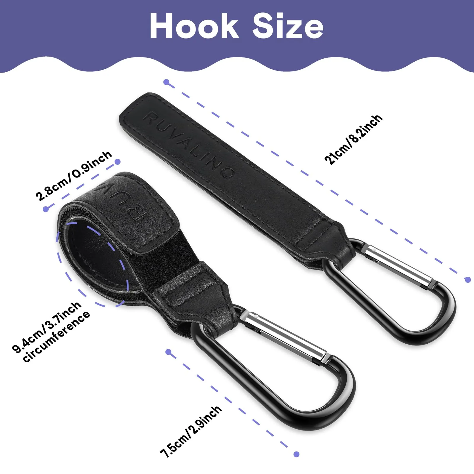 Leather Stroller Hooks for Diaper Bag and Stroller Organizer - RUVALINO® Stroller Strap with Large Carabiner Clip for Shopping Bags - Accessories for Wheelchair, Shopping and Pet Carts, Black, 2 Pack