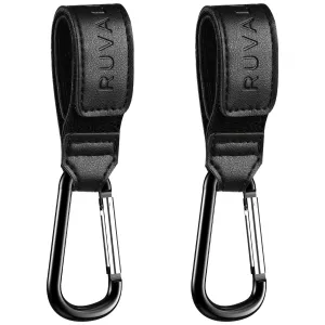 Leather Stroller Hooks for Diaper Bag and Stroller Organizer - RUVALINO® Stroller Strap with Large Carabiner Clip for Shopping Bags - Accessories for Wheelchair, Shopping and Pet Carts, Black, 2 Pack