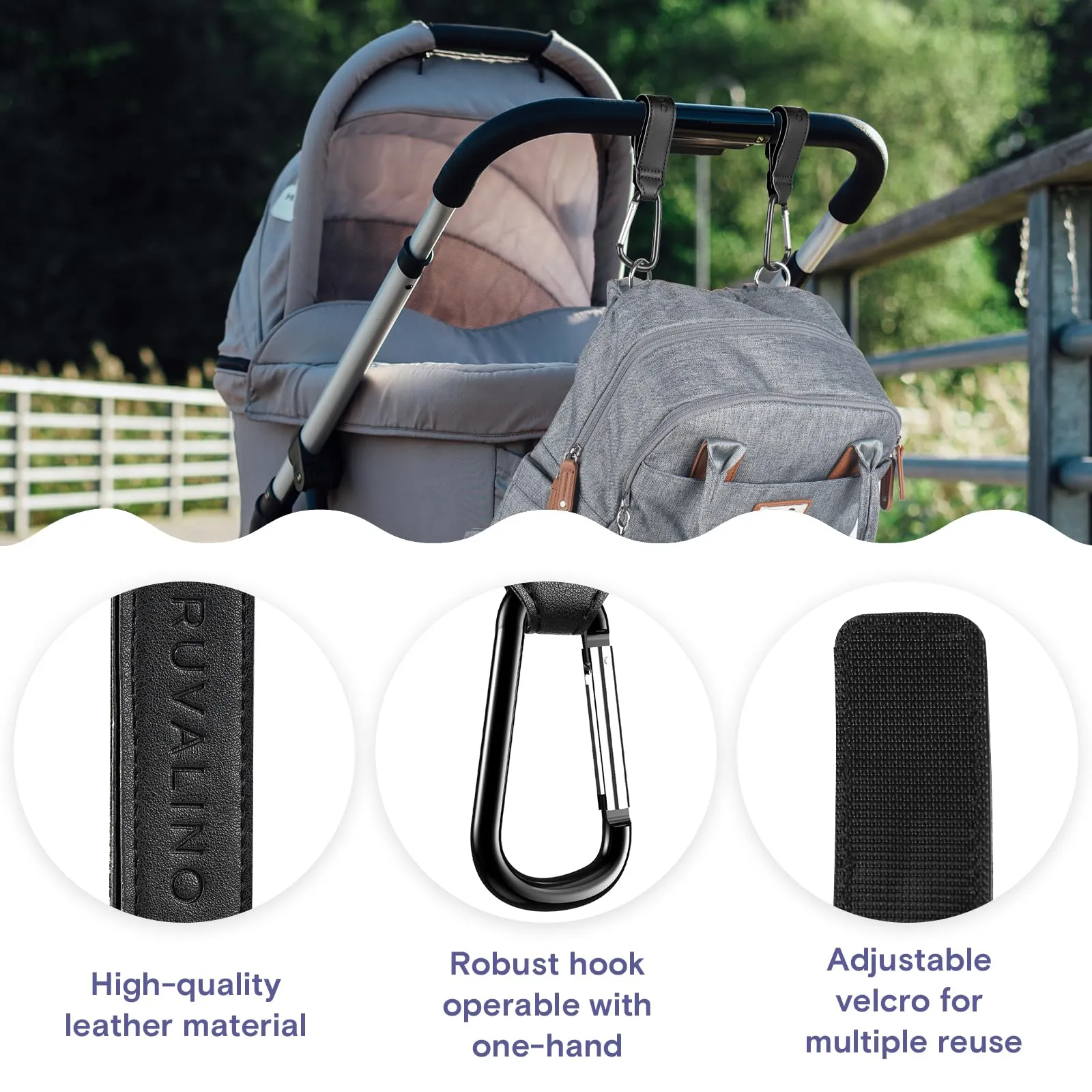 Leather Stroller Hooks for Diaper Bag and Stroller Organizer - RUVALINO® Stroller Strap with Large Carabiner Clip for Shopping Bags - Accessories for Wheelchair, Shopping and Pet Carts, Black, 2 Pack