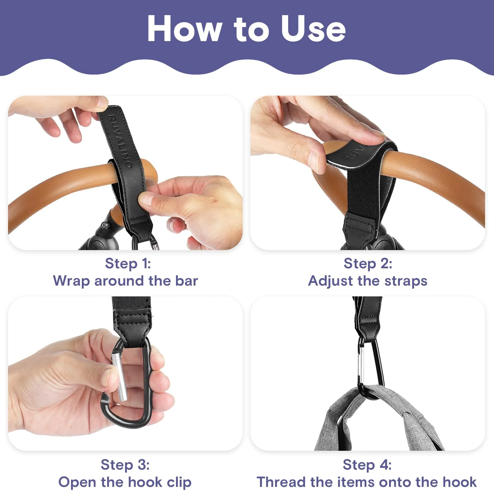 Leather Stroller Hooks for Diaper Bag and Stroller Organizer - RUVALINO® Stroller Strap with Large Carabiner Clip for Shopping Bags - Accessories for Wheelchair, Shopping and Pet Carts, Black, 2 Pack