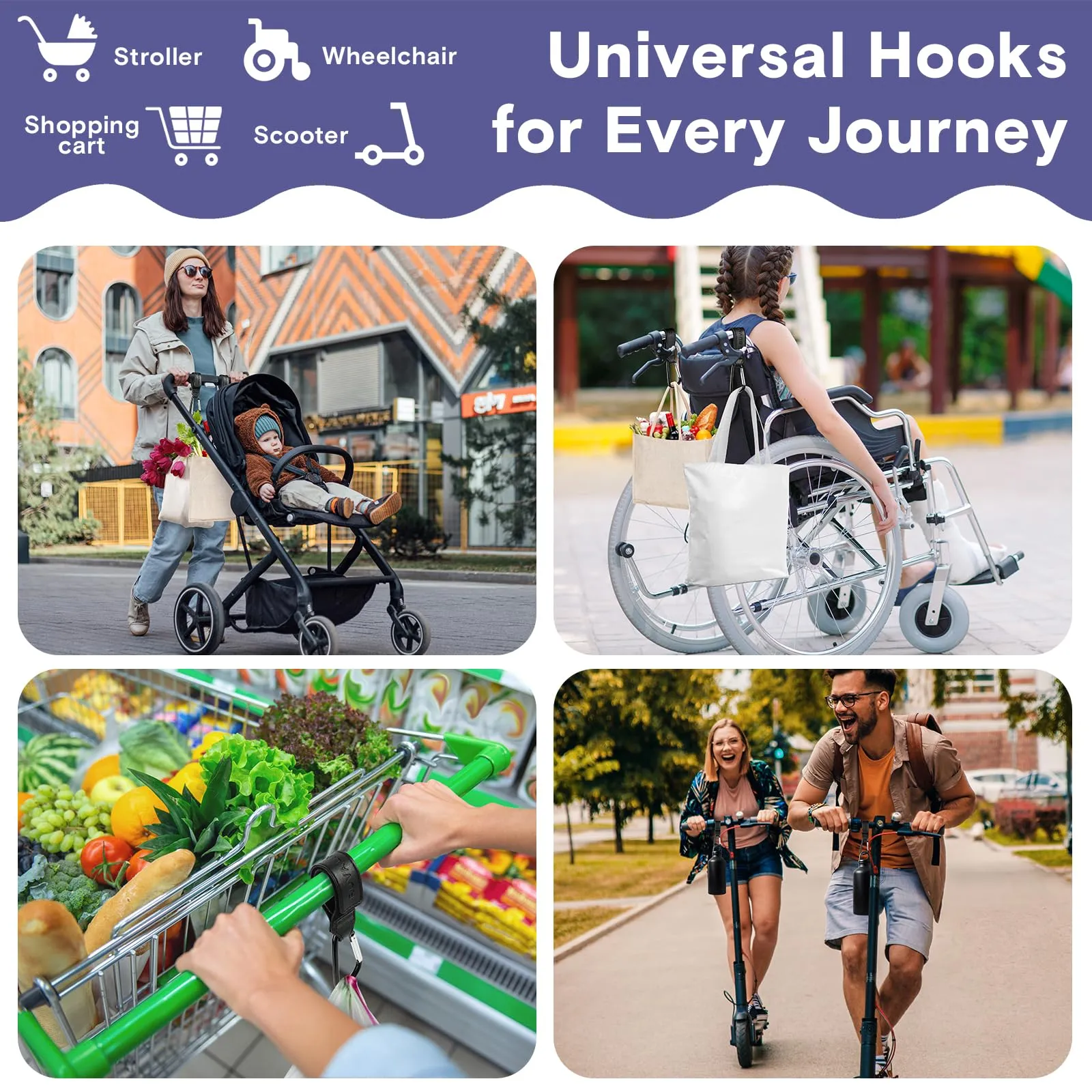 Leather Stroller Hooks for Diaper Bag and Stroller Organizer - RUVALINO® Stroller Strap with Large Carabiner Clip for Shopping Bags - Accessories for Wheelchair, Shopping and Pet Carts, Black, 2 Pack
