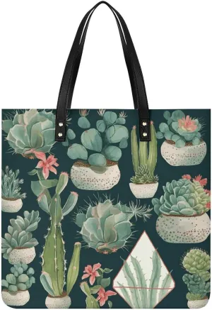 Leather Tote Shoulder Handbag Succulent Plants And Green Tote Bag for Woman Shopping Bags for Work Travel