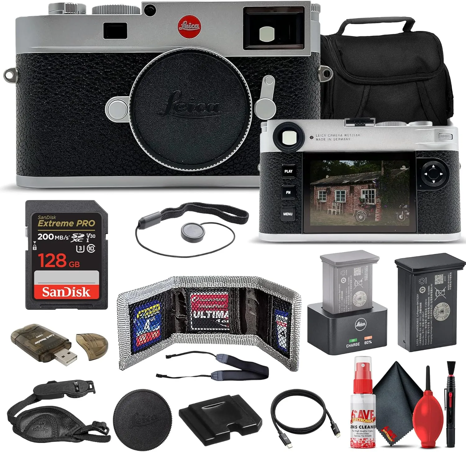 Leica M11 Digital Rangefinder Camera - Silver (20201) with 128GB Extreme Pro SD Card   Padded Camera Bag   Memory Card Wallet & Reader   Neck Strap   Lens Cap Keeper   Cleaning Kit