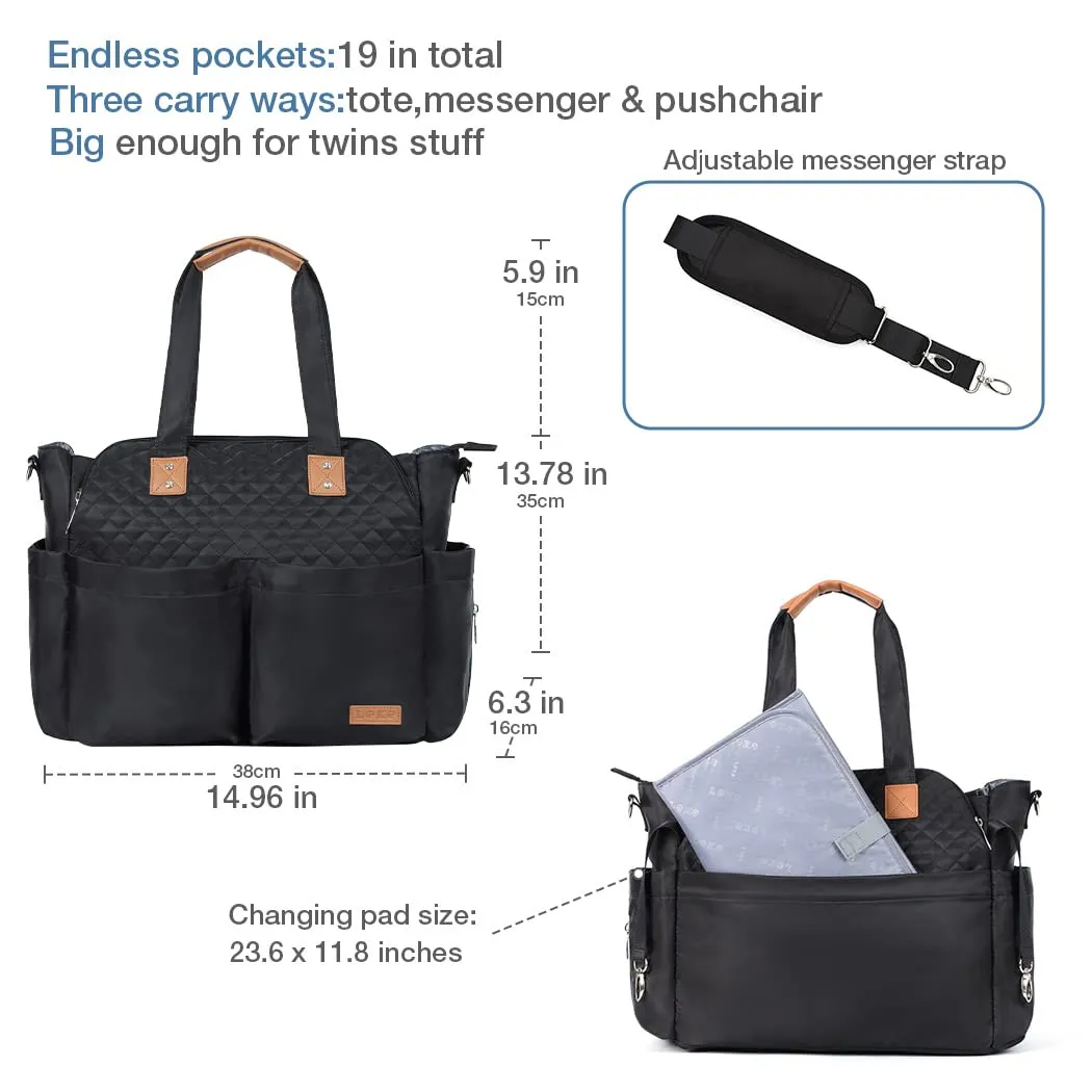 Lekebaby Diaper Bag Tote, Large Diaper Bags Waterproof,Large Mommy Bag for Hospital, Baby Bags for Mom Travel Diaper Tote Messenger Purse, Quilted Black