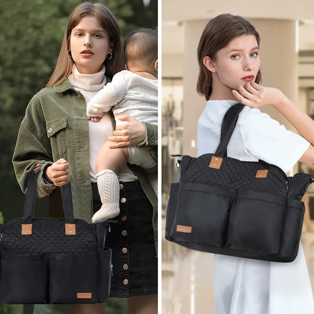 Lekebaby Diaper Bag Tote, Large Diaper Bags Waterproof,Large Mommy Bag for Hospital, Baby Bags for Mom Travel Diaper Tote Messenger Purse, Quilted Black