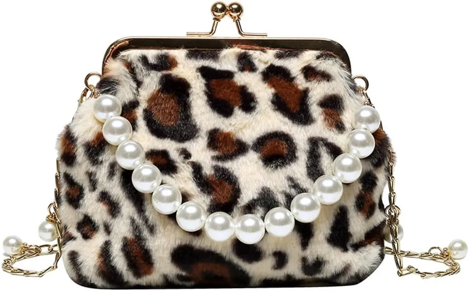 Leopard Evening Clutch for Women, Fluffy Pearl Chain Kiss Lock Handbag, Leopard Crossbody Shoulder Clutch Purse (Khaki)