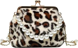 Leopard Evening Clutch for Women, Fluffy Pearl Chain Kiss Lock Handbag, Leopard Crossbody Shoulder Clutch Purse (Khaki)