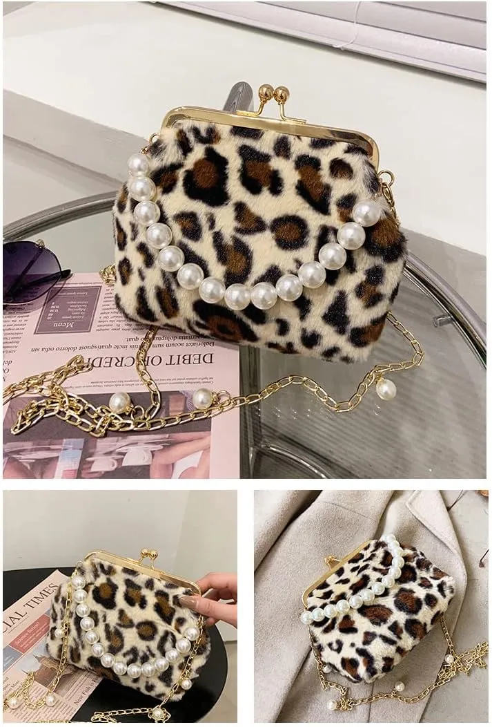 Leopard Evening Clutch for Women, Fluffy Pearl Chain Kiss Lock Handbag, Leopard Crossbody Shoulder Clutch Purse (Khaki)