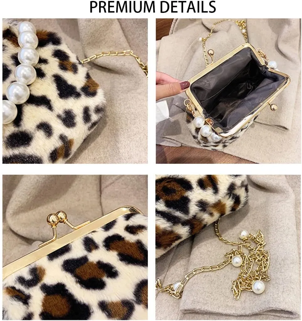 Leopard Evening Clutch for Women, Fluffy Pearl Chain Kiss Lock Handbag, Leopard Crossbody Shoulder Clutch Purse (Khaki)