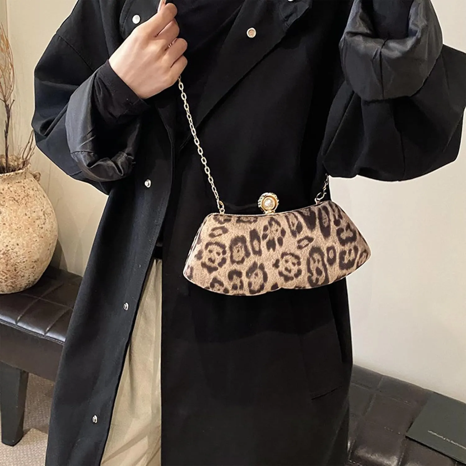 Leopard Print Purse Women Leopard Crossbody Bag with gold chain Cheetah Print Wedding Evening Handbag