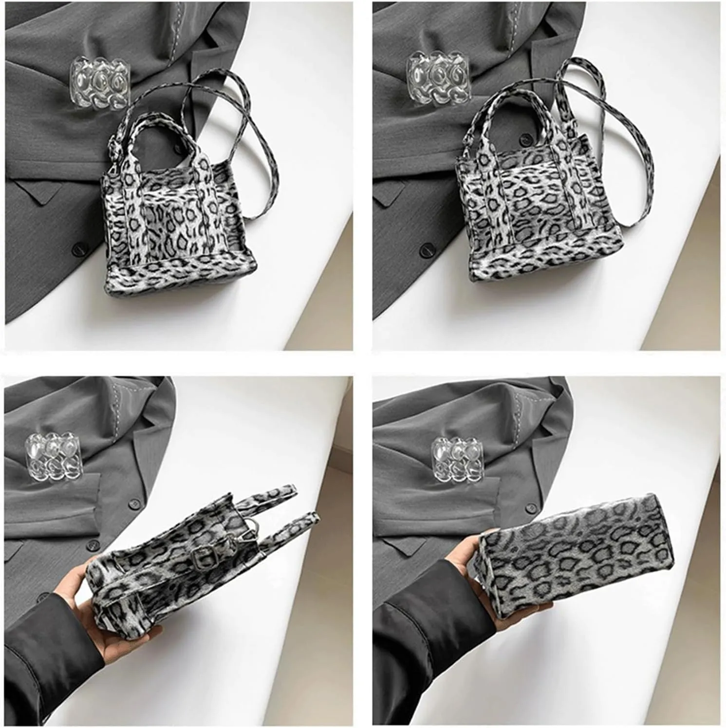 Leopard Purse Edgy Structured Mini Tote Bag Cheetah Print Leather Faux Fur Crossbody Purse Casual Street Hangouts