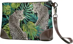 Leopard Safari Tropical Palm Tree Women Leather Clutch Bag Wristlet Handbags Purses Evening Bag Clutch Purse
