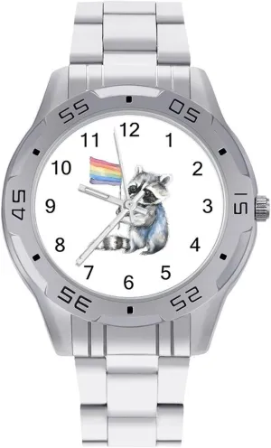 LGBT Proud Raccoon Classic Wrist Watches for Men Casual Business Dress Watch with Stainless Steel Band Work Party