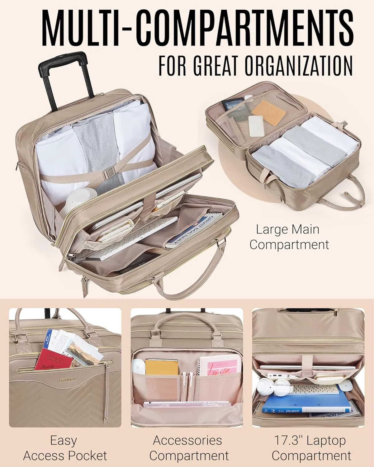 LIGHT FLIGHT Rolling Laptop Bag Rolling Briefcase for Women Computer Bag with Wheels Case for Carry on Travel Work Business